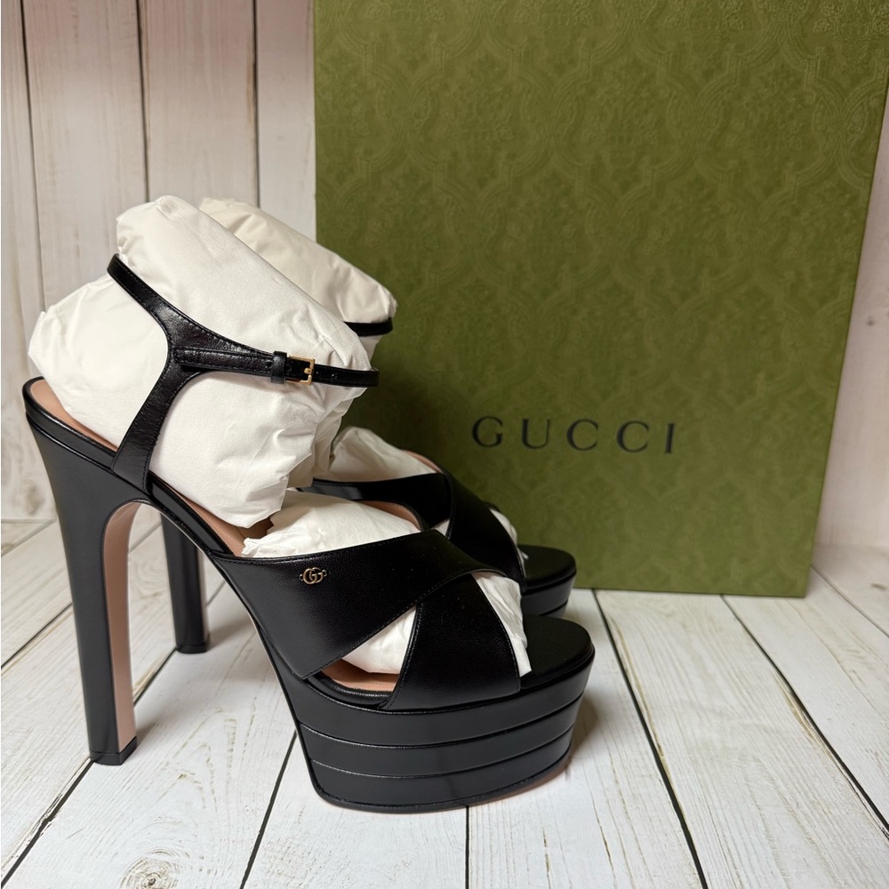 Gucci GG Malaga Kid Leather Platform Sandals Black Sz 40 / 10 - Picture 2 of 16